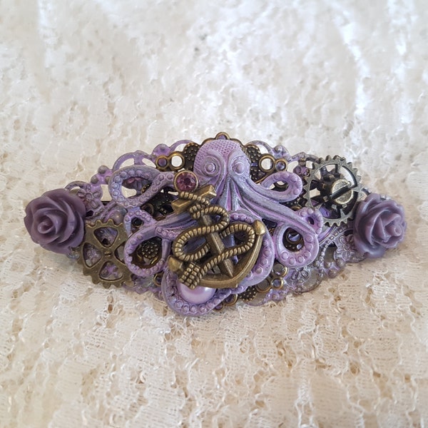 I'll Always Love you - Bronze and Purple Octopus sea Nautical Anchor Cog Gear hair accessory barrette clip pin