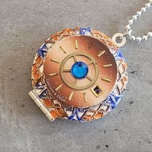 Orange & Blue swarovski steampunk round locket filigree watch face clock gear pendant silver ball chain necklace