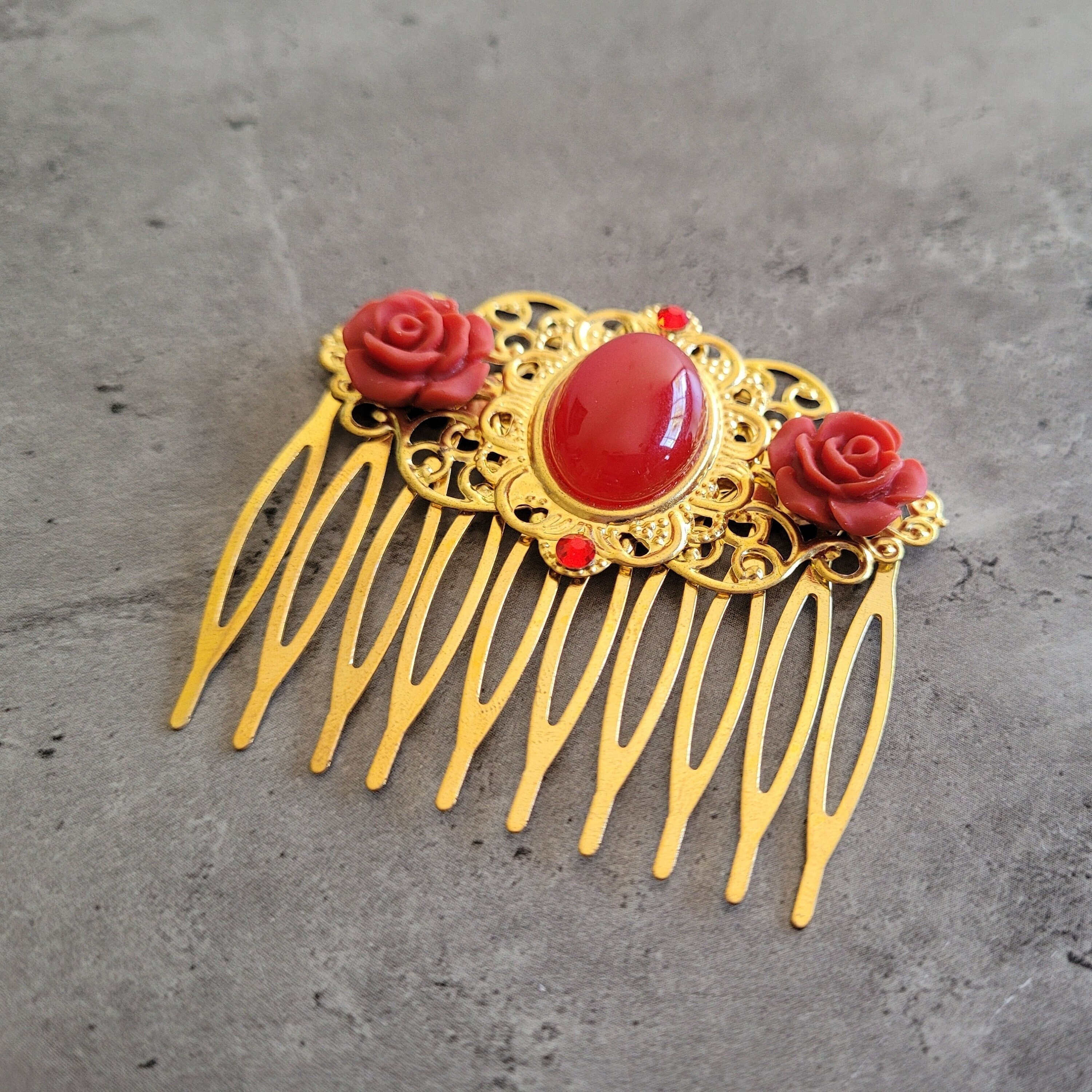 Red Hair Combs with Gold Logo Extra Large Vintage Victorian Red Rhinestone, Pearl and Gold  main image 4