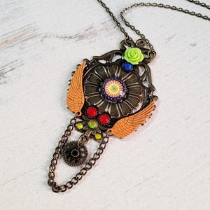 Gothic Steampunk Filigree Clock Gear Wings Floral Bronze charm pendant necklace