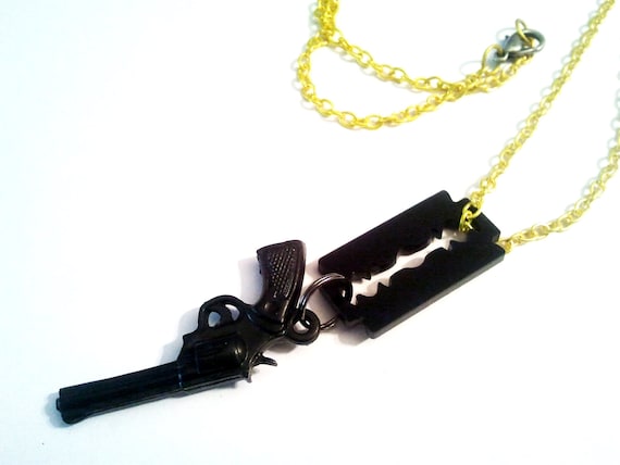 special Black Gun and Razor Blade Emo Kawaii link chain necklace