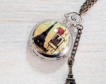 Romantische Eiffel Französisch Frankreich Anhänger Charm Taschenuhr Uhr Kette Halskette