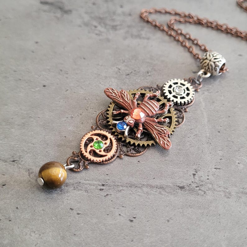 Gothic Steampunk Bee Insect Cogs Gears Filigree Charm Pendant Necklace ...