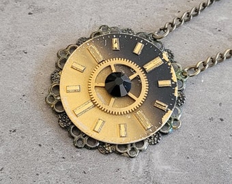 Original steampunk gold bronze and black swarovski crystal gear Recycled watch Clock dial face charm pendant chain necklace
