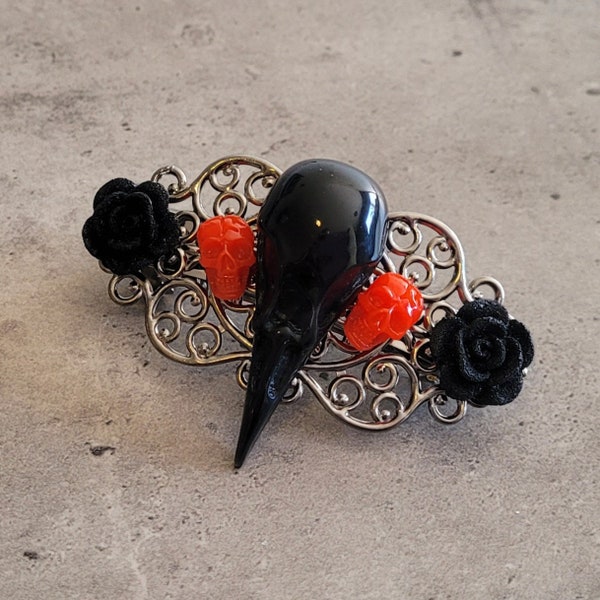 Raven - Gothic Steampunk Plague Mask & Roses bird skull hair accessory filigree barrette clip pin