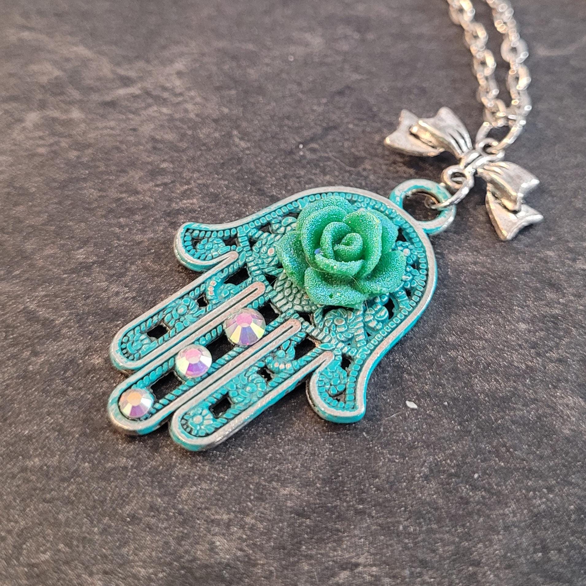 Vintage Boho Chic Judaica Green Patina Floral Crystals Hamsa hand Evil Eye charm pendant necklace