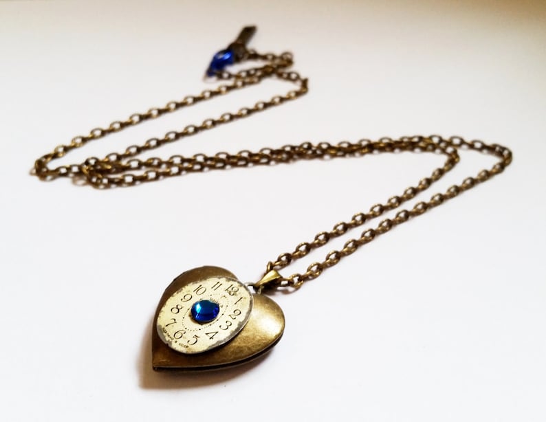Gothic Steampunk bronze and Blue Crystal dial gear heart shape locket charm pendant necklace Israel Hand made Clock of the Heart