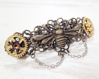 Mixed Metal Colors Gothic Steampunk Insect bee and Clock gears hair accessory crystal barrette clip pin