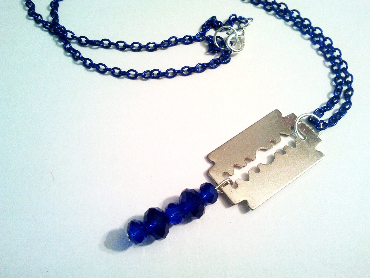 special Silver Razor Blade and blue beads Emo Kawaii link chain necklace