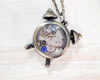 Steampunk Style Bronze pocket watch Old School Alarm clock mechanism inside charm pendant necklace