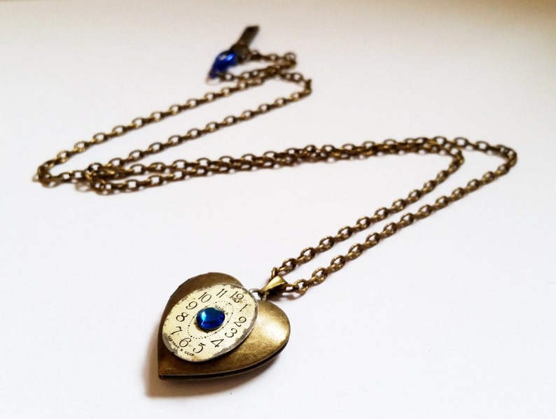 Gothic Steampunk bronze and Blue Crystal dial gear heart shape locket charm pendant necklace Israel Hand made Clock of the Heart