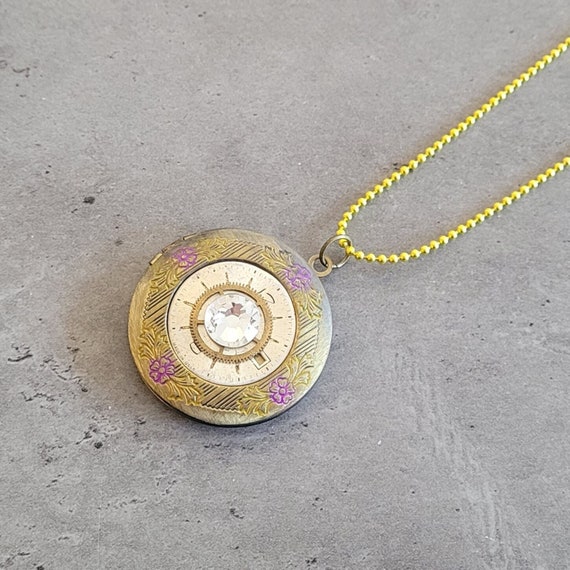Bronze steampunk round locket filigree flowers clear swarovski watch clock gear pendant yellow ball chain necklace