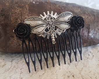 Baby Come Back - Gothic Steampunk Vintage Silver and Black Dragonfly insect and Roses hair accessory comb