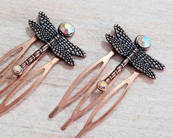 Gothic Steampunk copper Dragonfly insects with crystals - set of 2 hair accessory combs