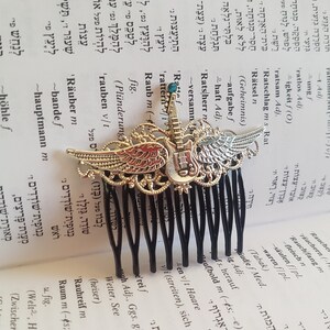 Fly High Gothic Steampunk Rock and Roll Green Black and Silver Guitar with wings hair accessory comb image 3