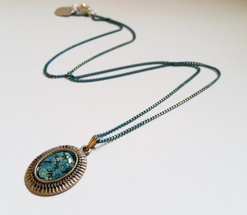 Romantic flower delicate cabochon charm pendant necklace Israel Hand made Blue Field
