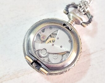 Gothic Steampunk Bronze pocket watch clock mechanism inside charm pendant necklace
