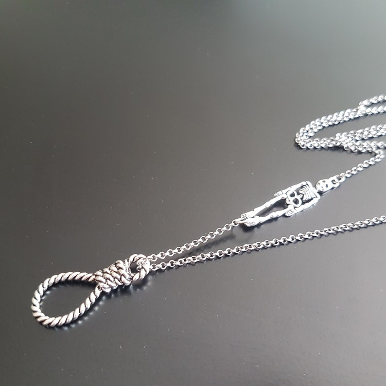 Hang in There Gothic Steampunk Silver Human Skeleton Hangman's Noose knot charm pendant necklace image 3