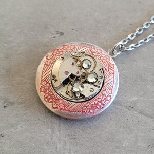 Silver steampunk round locket filigree flowers gray swarovski watch clock mechanism pendant silver link chain necklace