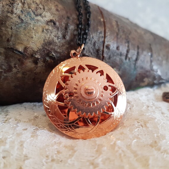 Rosey Rose Gold Steampunk Filigree Locket Cog Gear Pendant