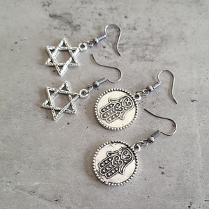 Kabballah Jewish Hebrew Israel Filigree Hamsa Star Of David Silvery dangle earrings