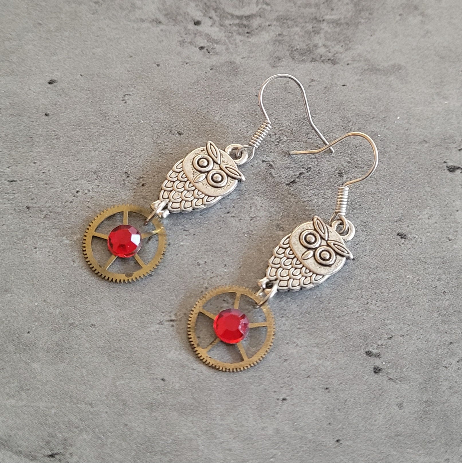 Owl and watch gear steampunk red crystal dangle earrings