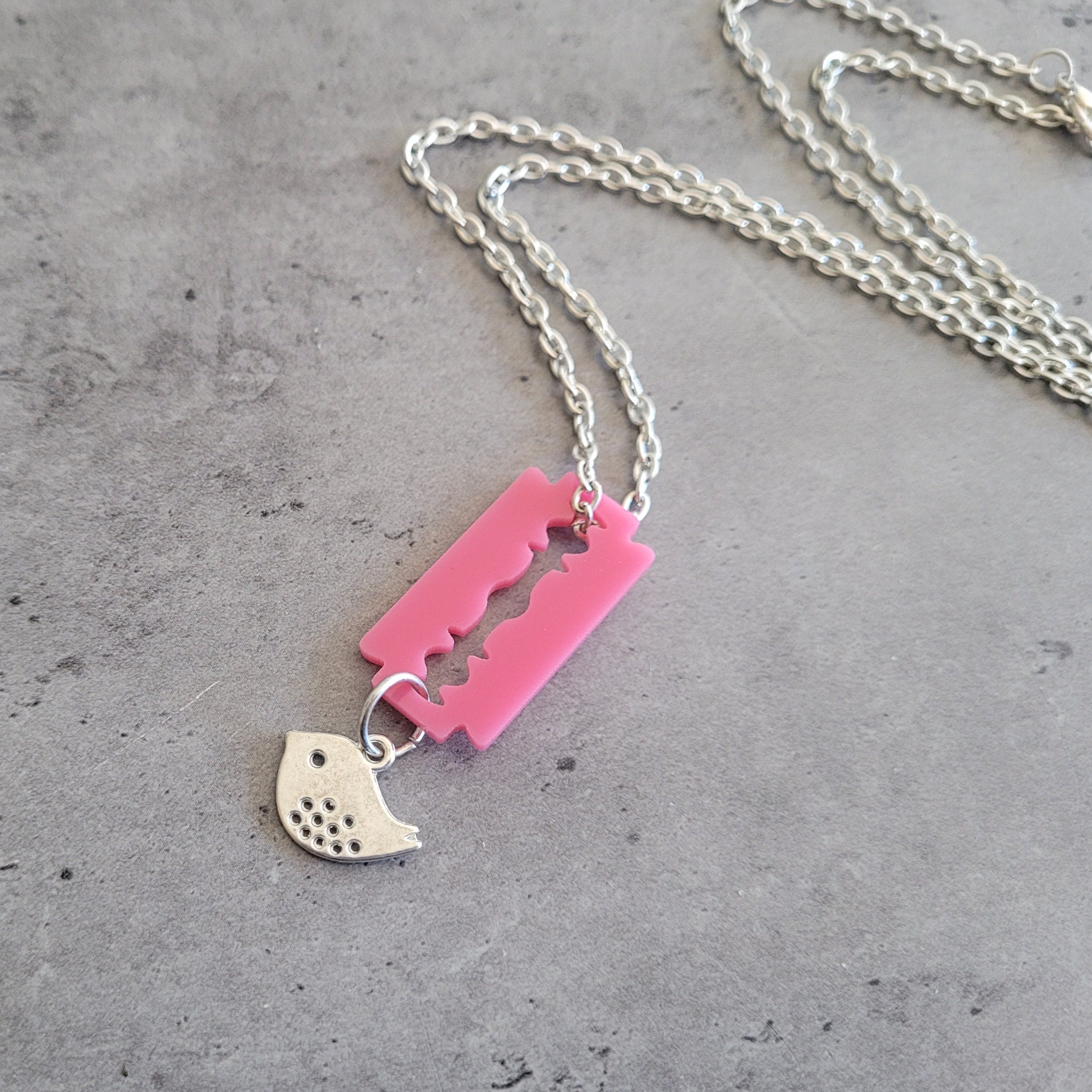 Special Pink Razor Blade and Tiny Bird Link Chain Necklace - Etsy