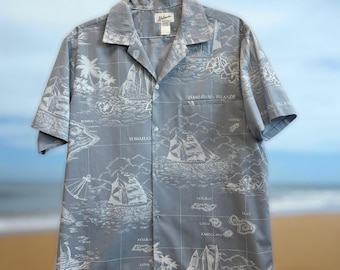 Helena's Aloha Hawaiihemd Herren XL Grau Karte Druck Segelschiff Baumwollmischung