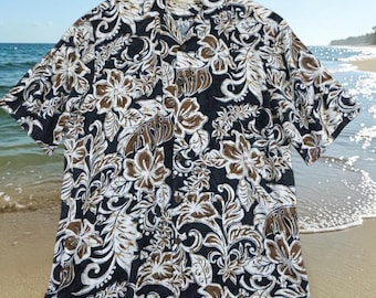 Hilo Hattie Vintage Hawaiian Aloha Shirt Mens L Brown Black Floral Rayon Batik