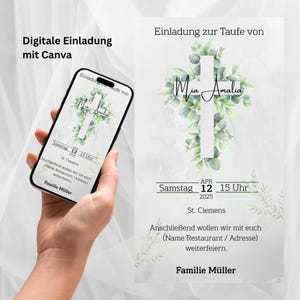 Può includere: Un invito digitale per un battesimo, il 12 aprile 2025 alle 15:00. Il design presenta una croce ornata di fogliame verde e i nomi "Mia Amalia". L'invito è visualizzato su uno smartphone.