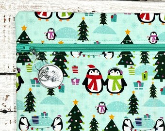 Cross Stitch Project Bag Fully Lined Fabric Embroidery Needlepoint Storage - Winter Penguins