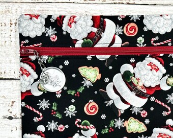 Cross Stitch Project Bag Fully Lined Fabric Embroidery Needlepoint Storage - Tossed Santas