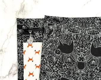 Cross Stitch Project Bag Vinyl Front Embroidery Needlepoint Storage - Fall Forest Friends, Black