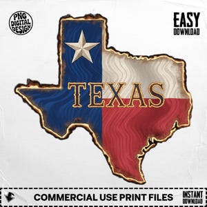 May include: A Texas state outline design with the state flag colors. The design features a blue section with a white star, a white section, and a red section. The word "TEXAS" is in gold lettering. The design is bordered with a gold outline.