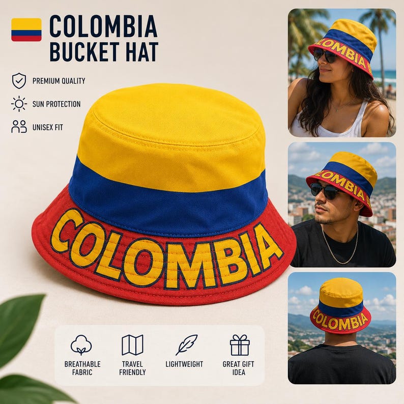 Color:blue Colombia Colombia Bucket Hat | Vibrant Festival Sun Hat, Unisex Latin Pride ...
