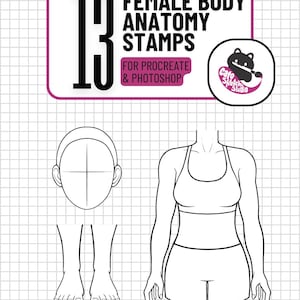 Peut inclure: Un produit d'art numérique avec 13 tampons d'anatomie du corps féminin pour Procreate et Photoshop. L'image comprend des dessins au trait de parties du corps et un logo avec un personnage de chat. Le texte indique "Female Body Anatomy Stamps".