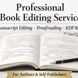 May include: An open book with red editing marks and a black pen, with the text "Professional Book Editing Service." The image also includes the phrases "Manuscript Editing," "Proofreading," and "KDP Ready."
