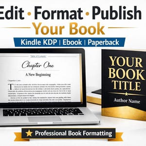 Pode incluir: Um laptop exibindo o layout de um livro ao lado de um livro de capa dura com o texto "Your Book Title". A imagem inclui o texto "Edit Format Publish Your Book" e "Kindle KDP | Ebook | Paperback."