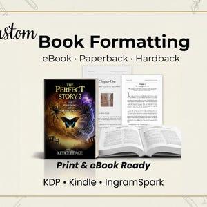 Puede incluir: Imagen que promociona servicios de formato de libros. Presenta una portada de libro con un gráfico de mariposa y araña, páginas de libro abiertas e impresiones. El texto incluye "Custom Book Formatting" y "Print & eBook Ready."