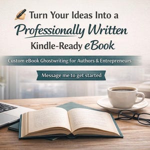 Könnte beinhalten: Ein offenes Buch, ein Laptop, eine Kaffeetasse und eine Brille liegen auf einem Holzschreibtisch. Der Text lautet: "Verwandeln Sie Ihre Ideen in ein professionell geschriebenes Kindle-eBook." Zusätzlicher Text: "Custom eBook Ghostwriting für Autoren & Unternehmer. Kontaktieren Sie mich."