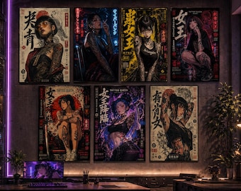 Cyberpunk Tattoo Girl Poster Bundle, Yakuza Anime Wall Art, Neon Tokyo (Digital Download Set)