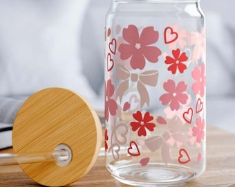 Floral Sipper Glass, Botanical Design, Bamboo Lid & Straw, 16oz