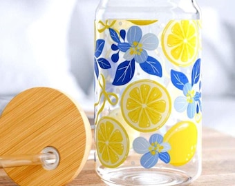 Lemon Print Sipper Glass - Citrus Summer 16oz Tumbler