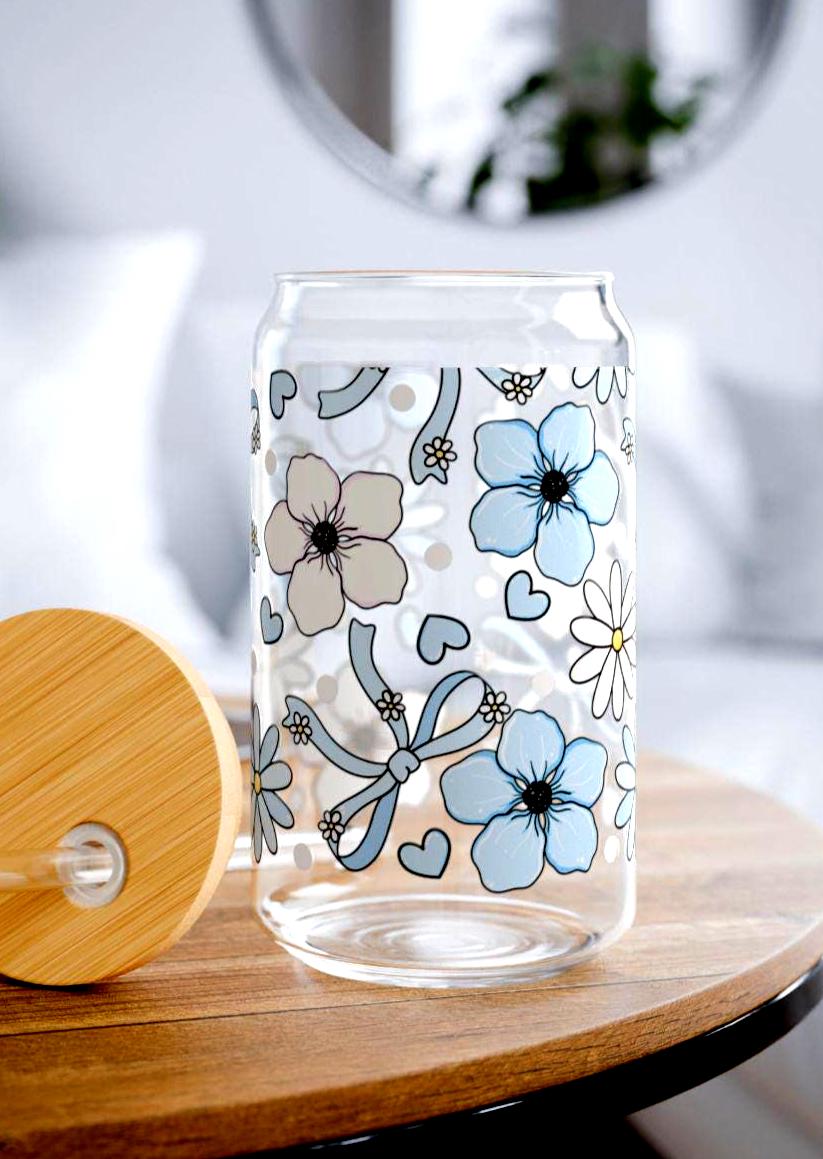 Blue Flower Sipper Glass 16oz - Floral Drinking Cup - Etsy