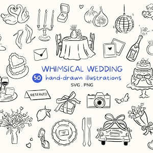 Paquete de boda original | Imágenes prediseñadas dibujadas a mano en formato SVG y PNG | Ilustración lineal para invitaciones de boda, tarjetas de reserva de fecha, decoración de menús y diseño de papelería