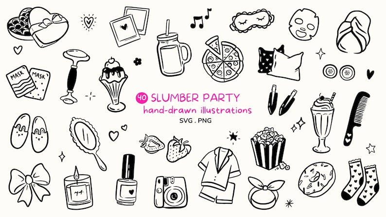 Slumber Party Clipart Bundle | Hand Drawn Clipart SVG & PNG | Line ...