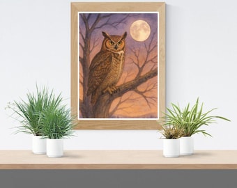 Great Horned Owl Watercolor Print | Owl Wall Art | Wildlife Nature ...