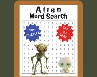 Puede incluir: Libro de rompecabezas de búsqueda de palabras Alien Word Search con el texto "Alien Word Search" en la parte superior. El libro presenta una cuadrícula de letras, dos ilustraciones de extraterrestres y el texto "50+ Puzzles" y "Easy to Read". El texto inferior dice "Puzzles for Adults, Seniors, & Teens".