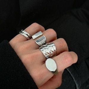 Op de afbeelding: Een verzameling van vier zilverkleurige ringen gedragen aan de vingers. De set bevat een dunne dubbele ring, een rechthoekige open ring, een brede ring met meerdere groeven en een gladde ovale zegelring, allemaal met een gepolijste afwerking.