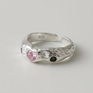 Sterling Silver Heart Ring, Molten Metal Y2K Adjustable Band, Pink Gemstone Statement Jewelry